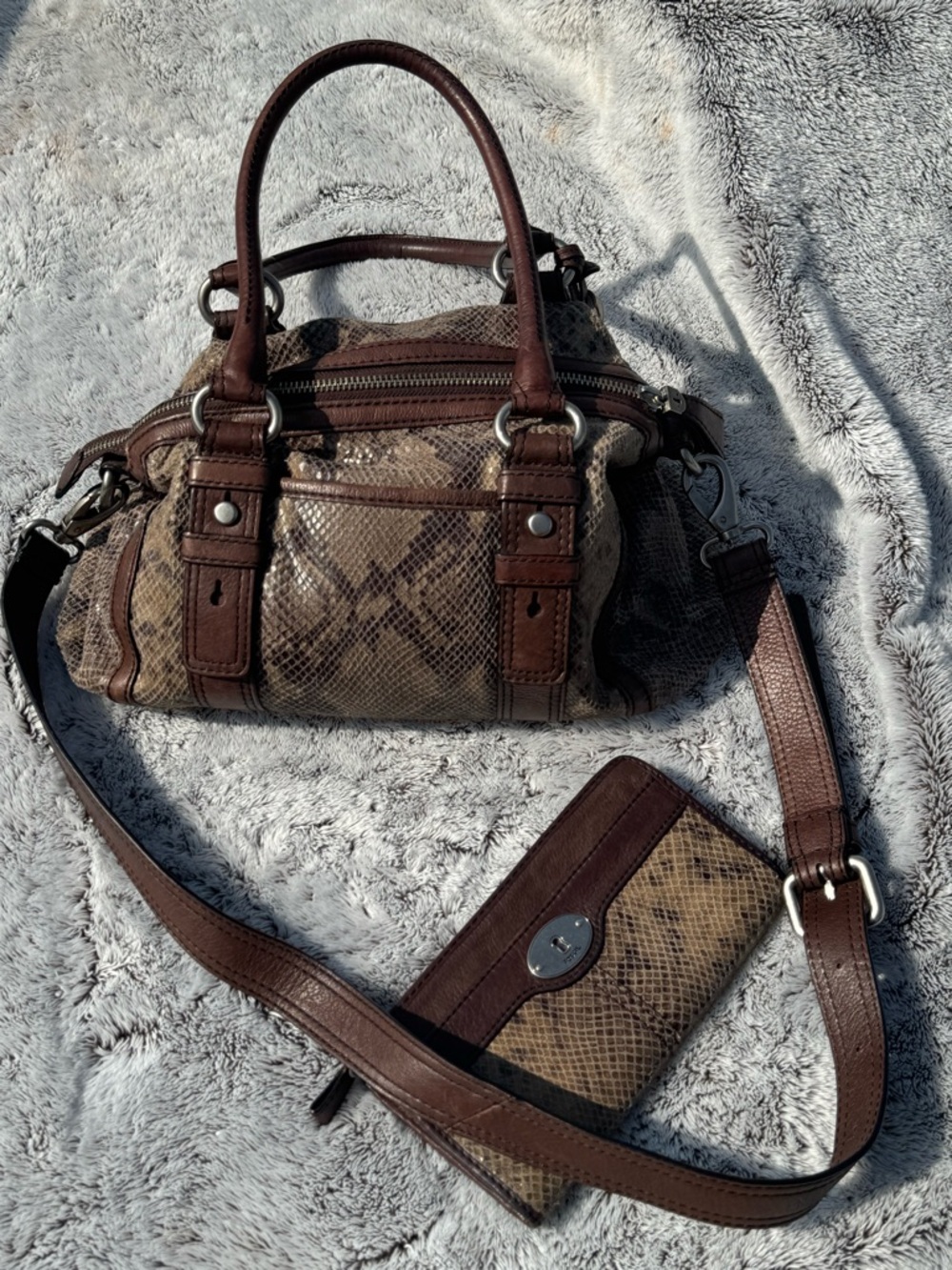 Fossil Brown Snake-Print Satchel with Dark Brown Trim - Picture 2 of 5